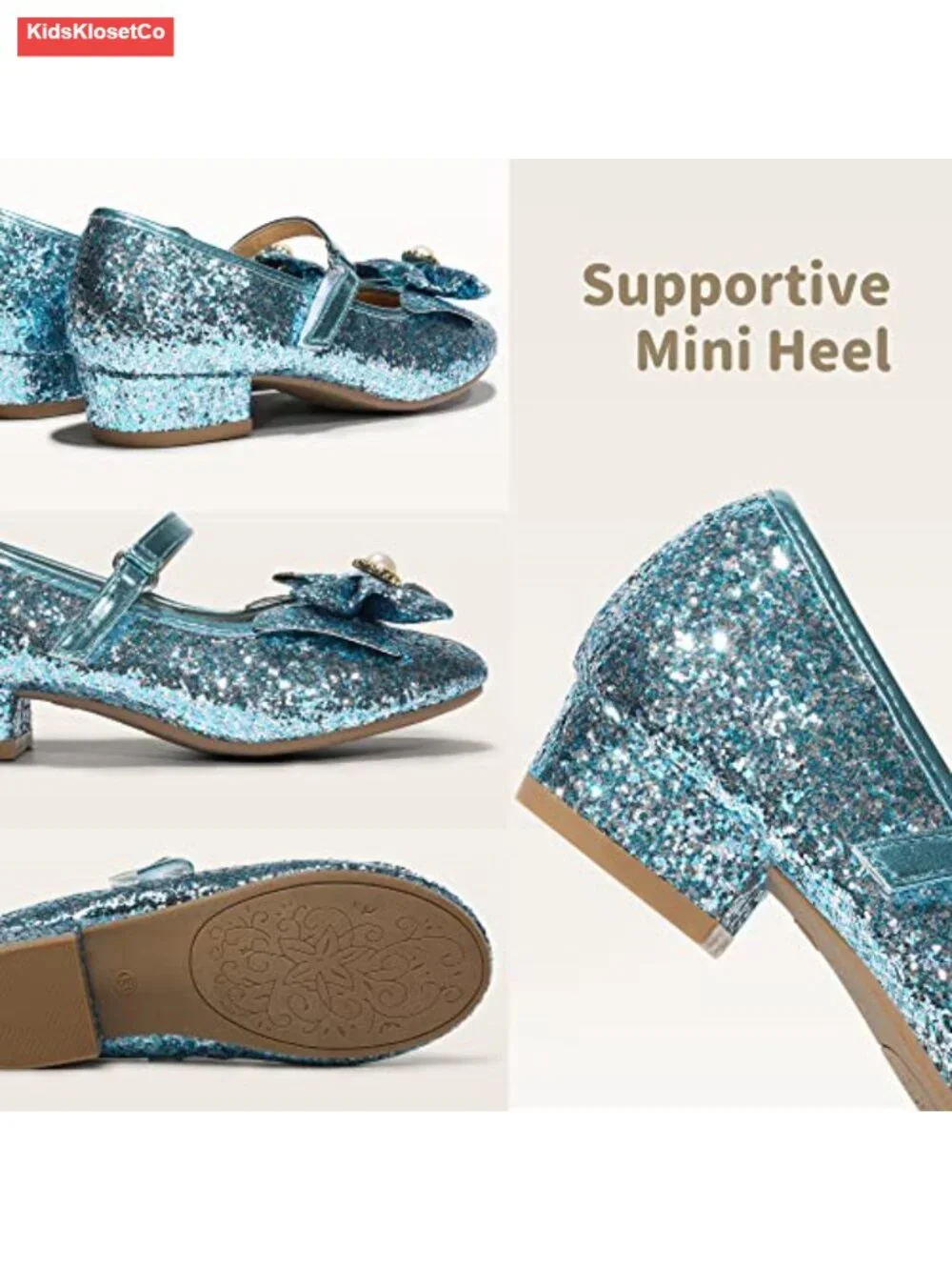 Girls Mary Jane Heels Glitter Faux Leather Low Heel Flat